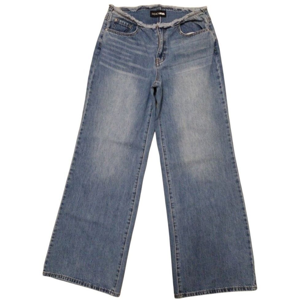 Fashion Nova Jeans Women 9 Medium Blue Denim Mid Rise Wide Leg 32" Inseam Junior